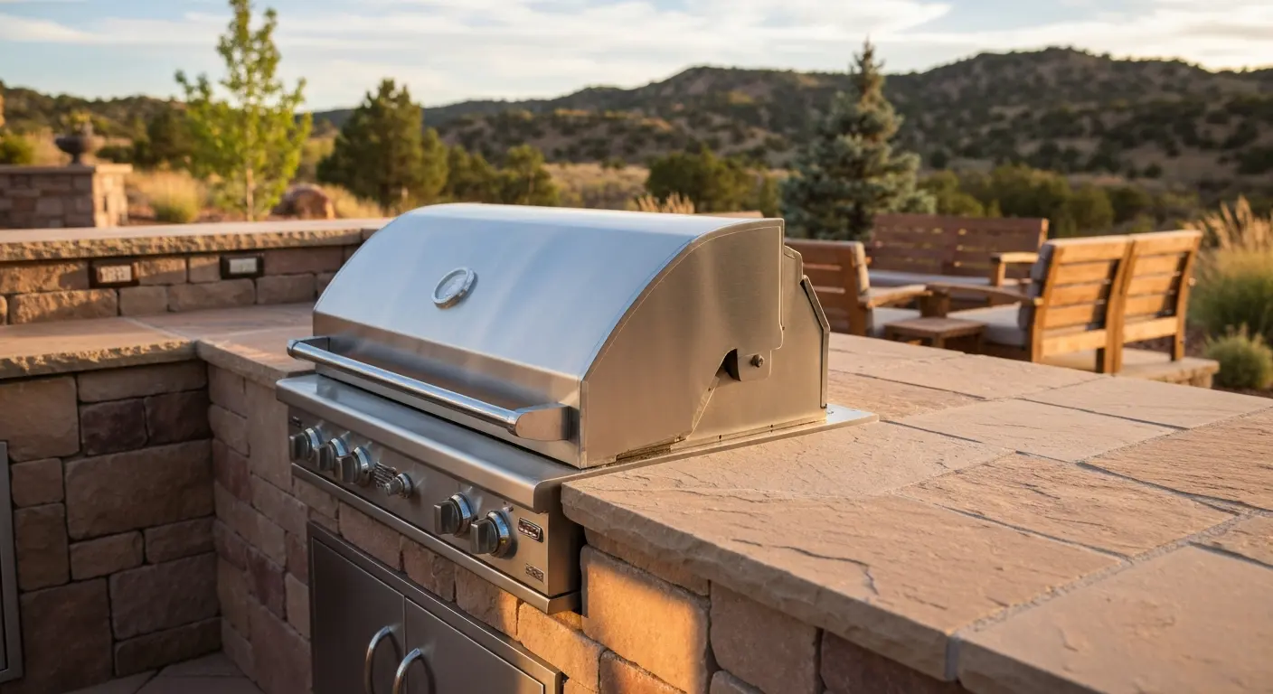Outdoor kitchen with grill and seating