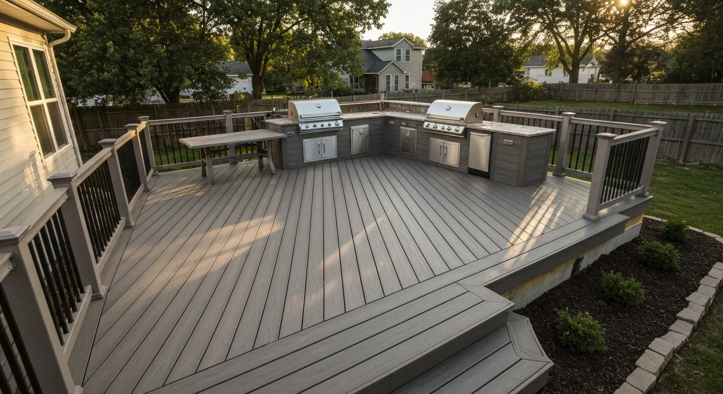 Composite deck with outdoor kitchen