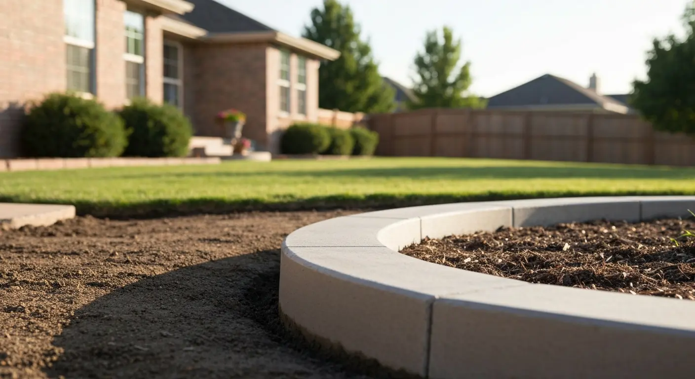 Curved concrete landscape curbing defining flower bed in residential yard