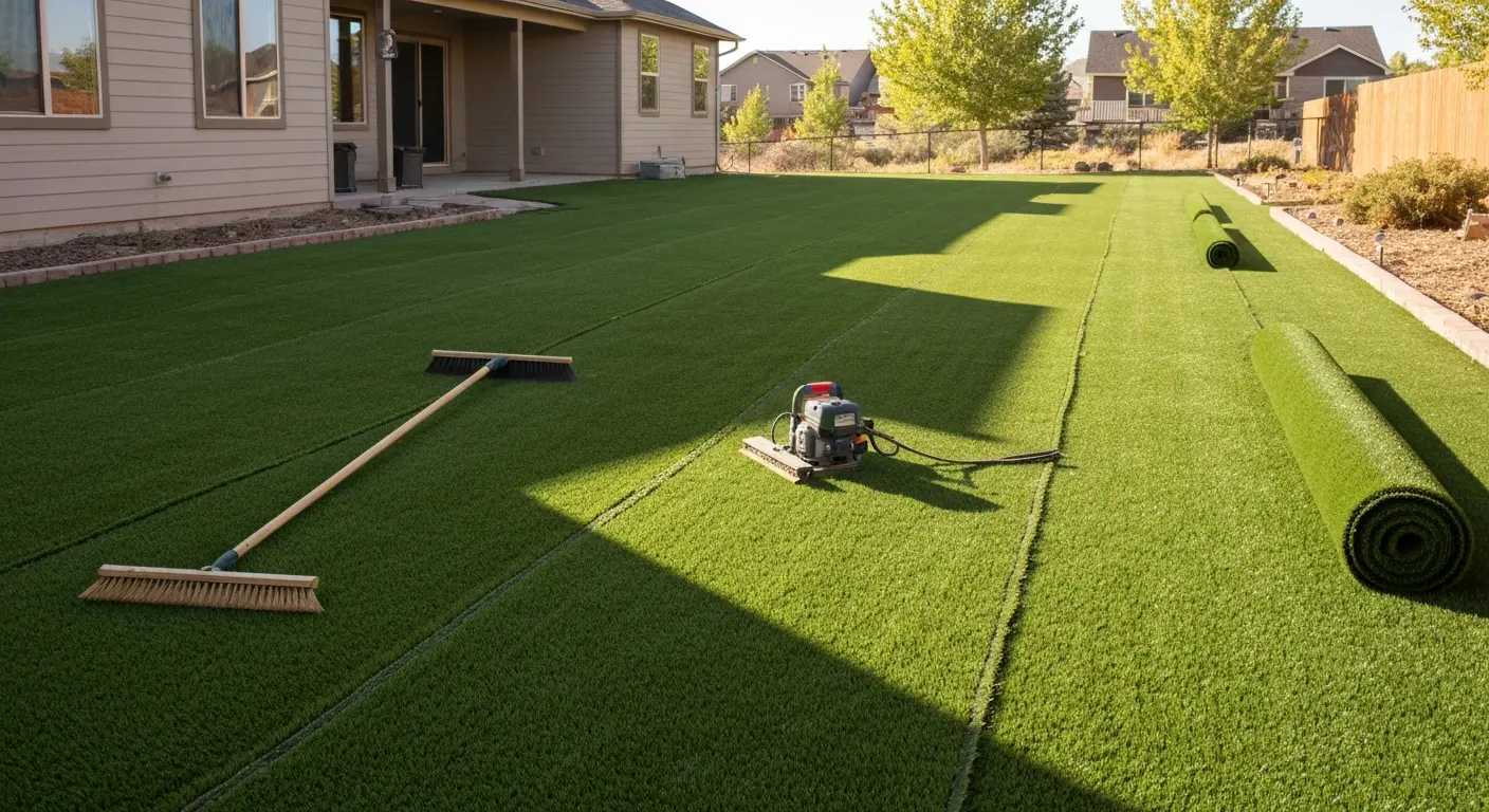 Synthetic turf installation in residential yard