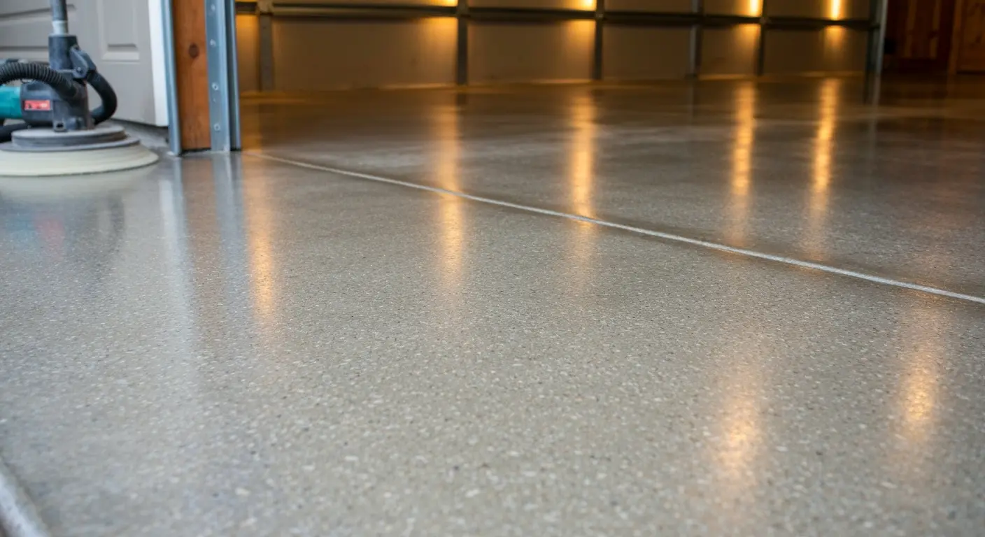 Polished sanded concrete garage floor with uniform aggregate exposure