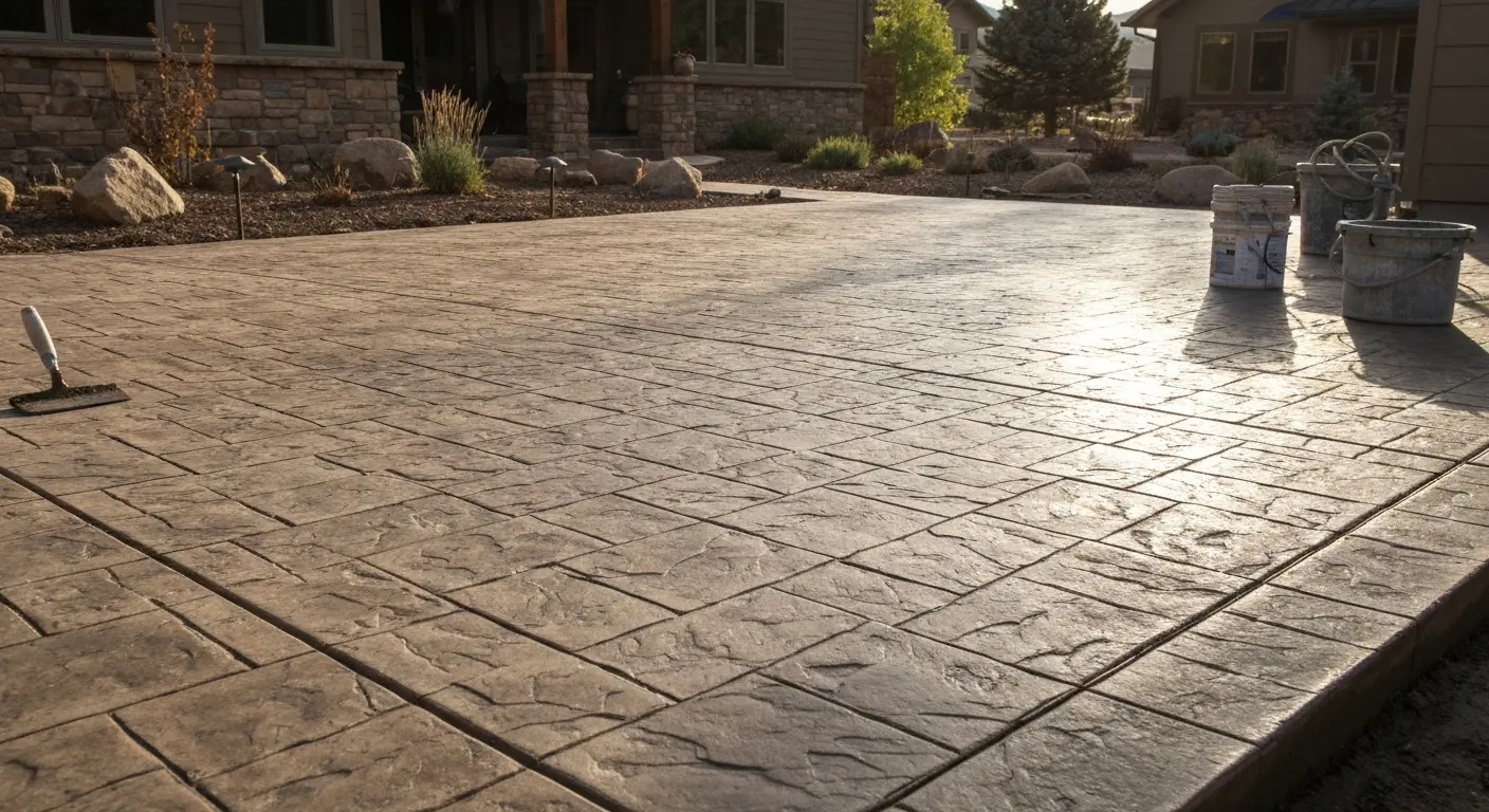 Stamped concrete patio with stone pattern finish