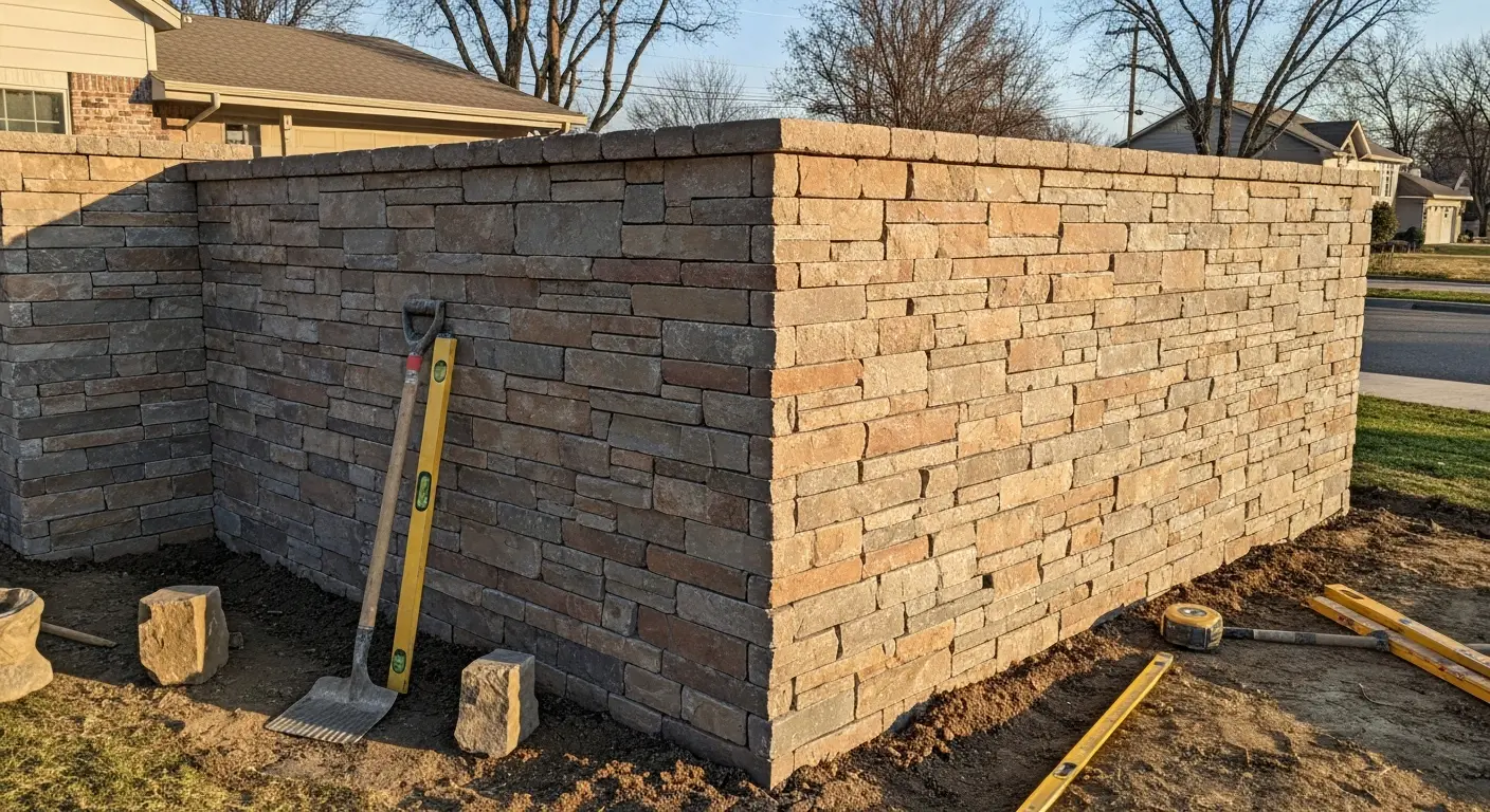 Stone veneer retaining wall