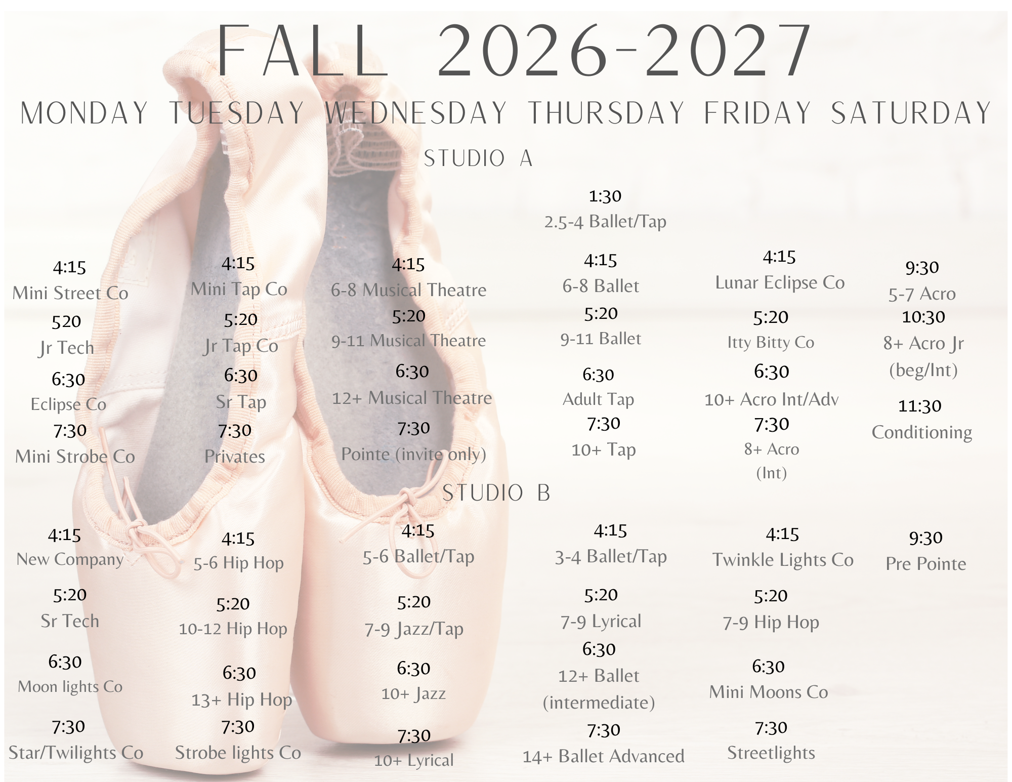 Dance Revolution Inc. Fall 2026-2027 class schedule