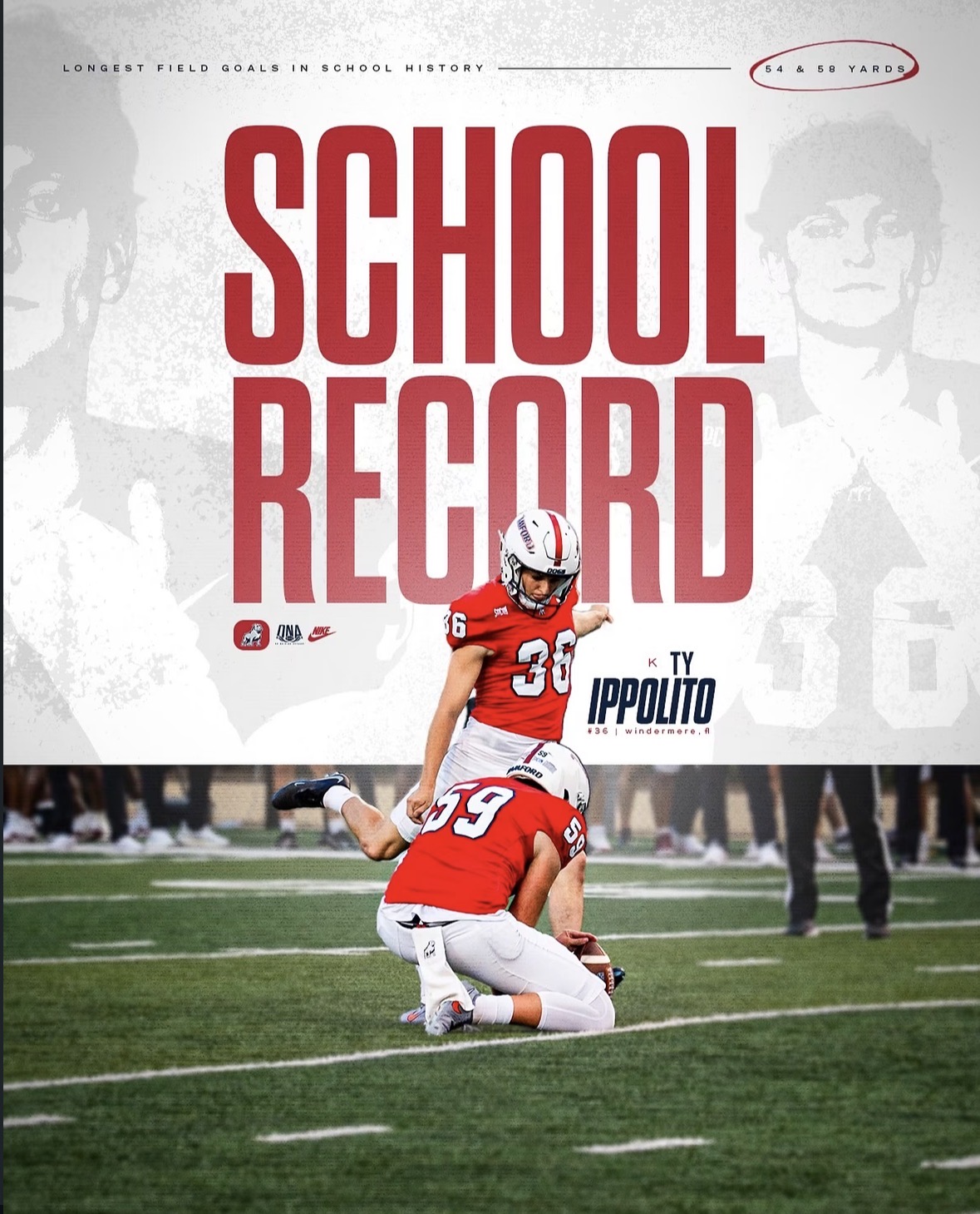 Samford Athletics graphic announcing Ty Ippolito's 54 and 58 yard field goals, the longest in school history