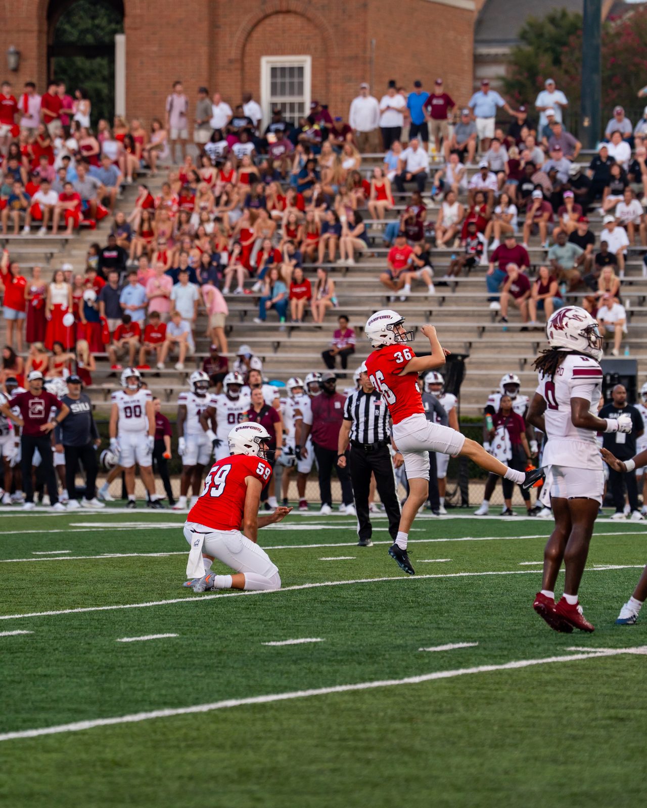 Ty Ippolito kicking a field goal during a Samford University home game