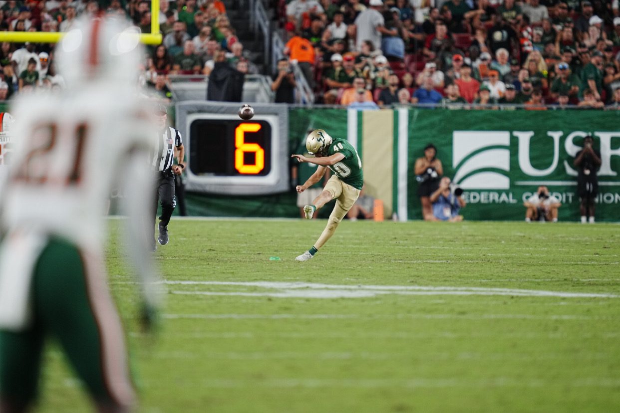 Ty Ippolito kicking off during a University of South Florida football game