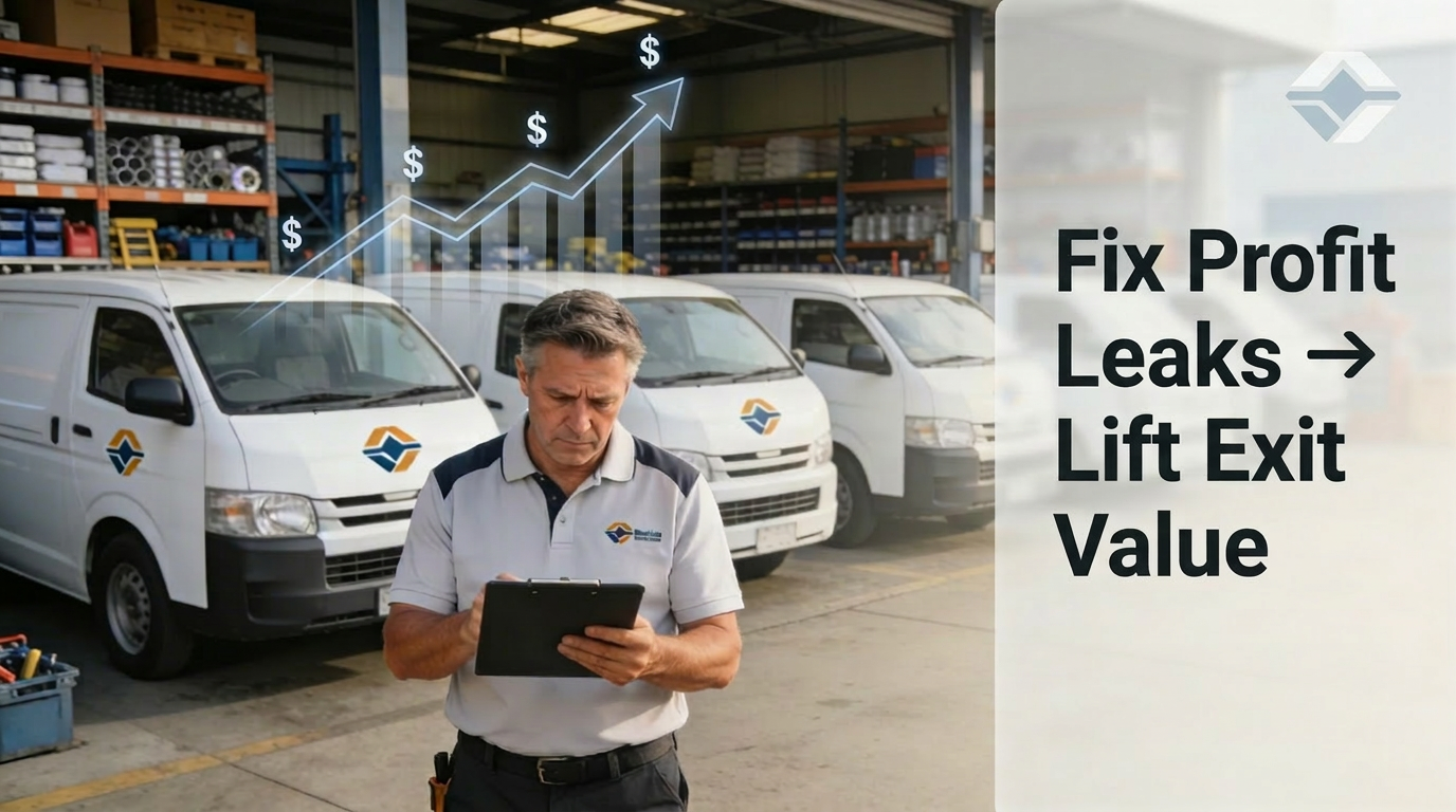 Middle-aged Australian trade business owner standing in front of work vans with text ‘Fix Profit Leaks → Lift Exit Value’, representing how reducing profit leaks increases exit value for HVAC, electrical and plumbing businesses.