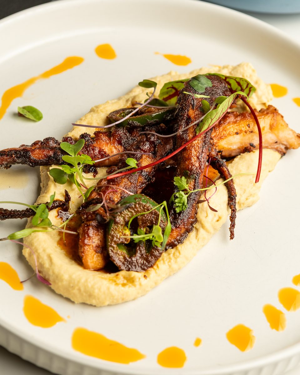 5 Hour Braised Octopus plated with micro herbs