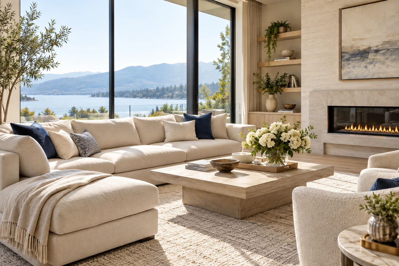 Bright, spotless luxury living room with a view