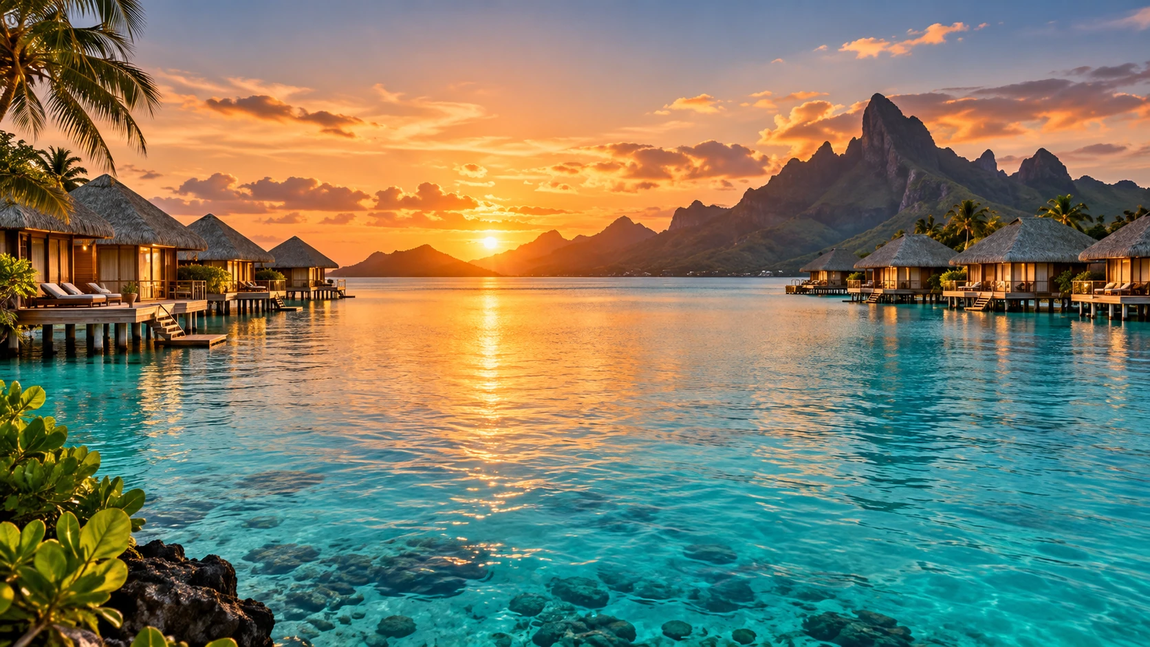 Sunset over overwater villas at a tropical resort