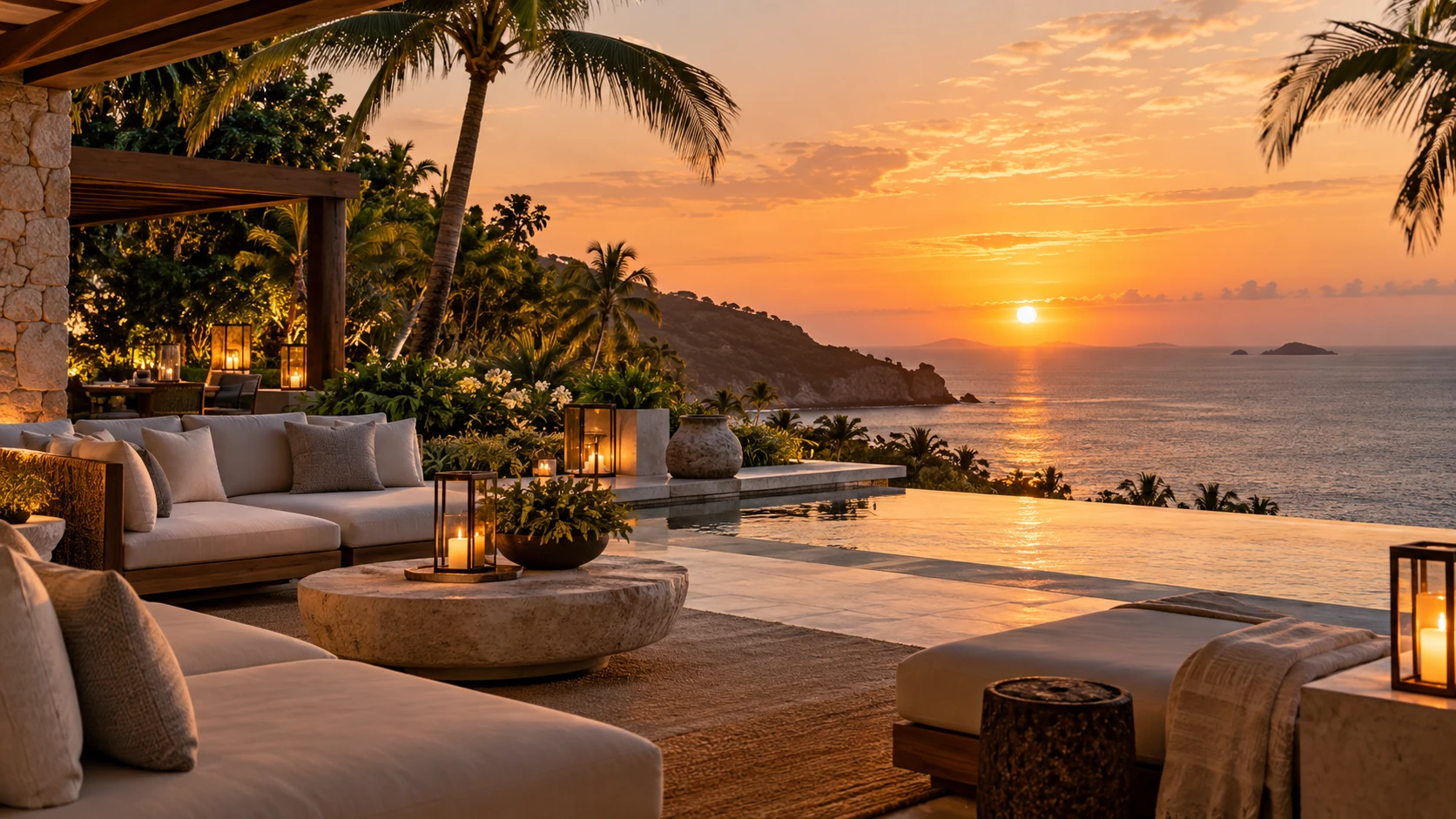 Candlelit resort terrace overlooking the ocean at sunset