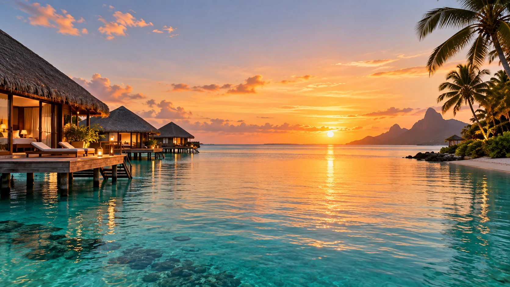 Overwater villas and a candlelit resort lounge at sunset
