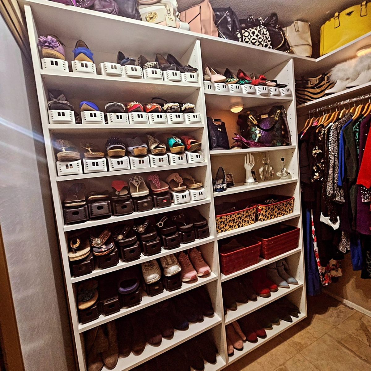 Organized closet with labeled shoe shelves