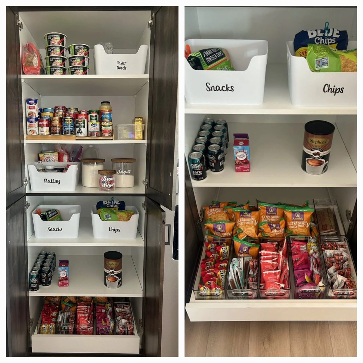 Kids' snack pantry organized with labeled bins