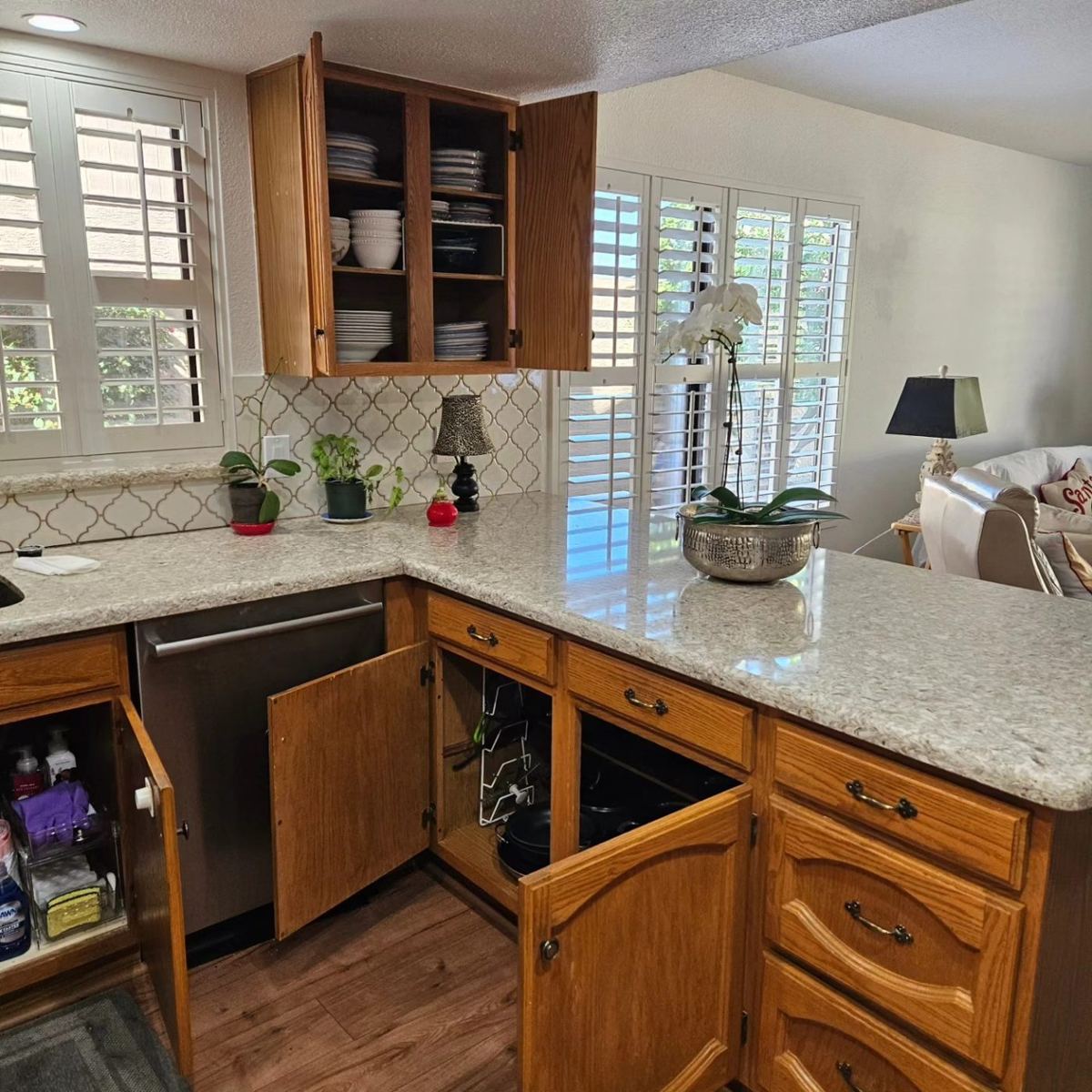 After: clear counters and organized cabinets