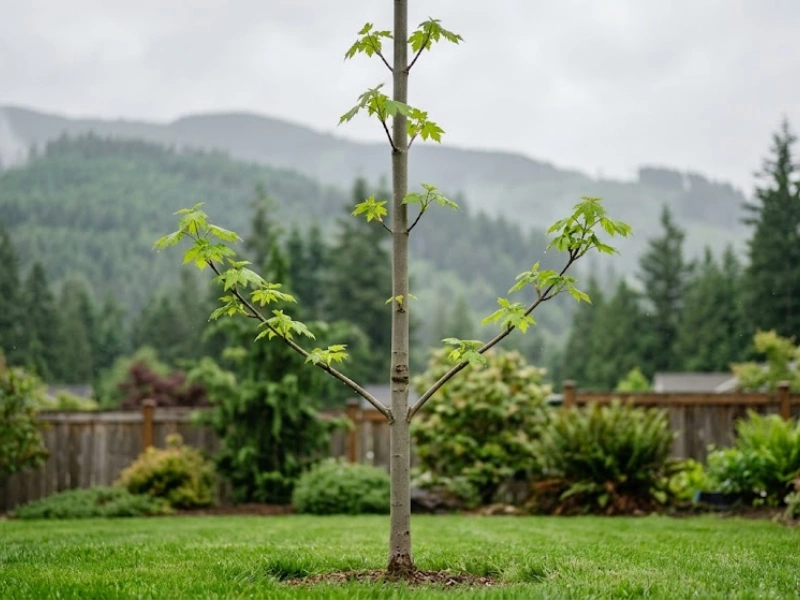 Tree Ninjas arborist training a newly planted ornamental tree in a Monroe WA residential landscape, establishing scaffold branch spacing in the Skykomish Valley Tree Ninjas arborist training a newly planted ornamental tree in a Monroe WA residential landscape, establishing scaffold branch spacing in the Skykomish Valley
