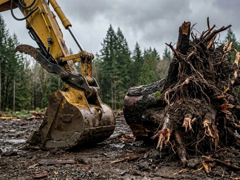Tree Ninjas crew performing land clearing on a residential acreage property in Monroe WA, removing second-growth Douglas fir and brush from a Skykomish Valley building site Tree Ninjas crew performing land clearing on a residential acreage property in Monroe WA, removing second-growth Douglas fir and brush from a Skykomish Valley building site
