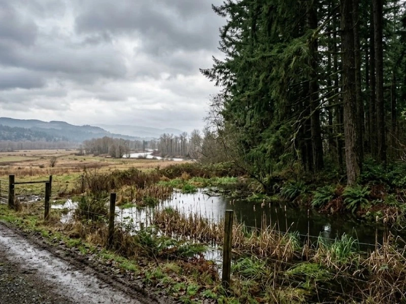 Snoqualmie Valley wetlands and conifers near logging areas in Duvall, WA