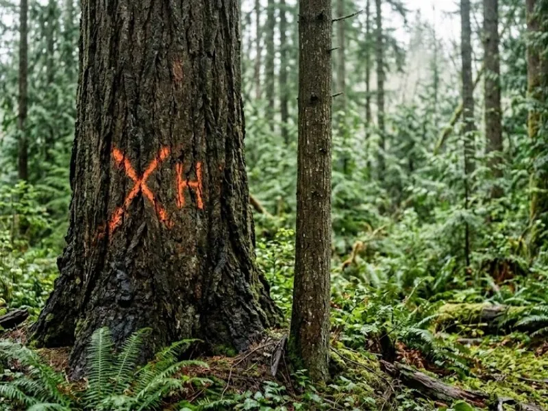 Hazard-marked conifer trunk flagged for logging in Duvall, WA