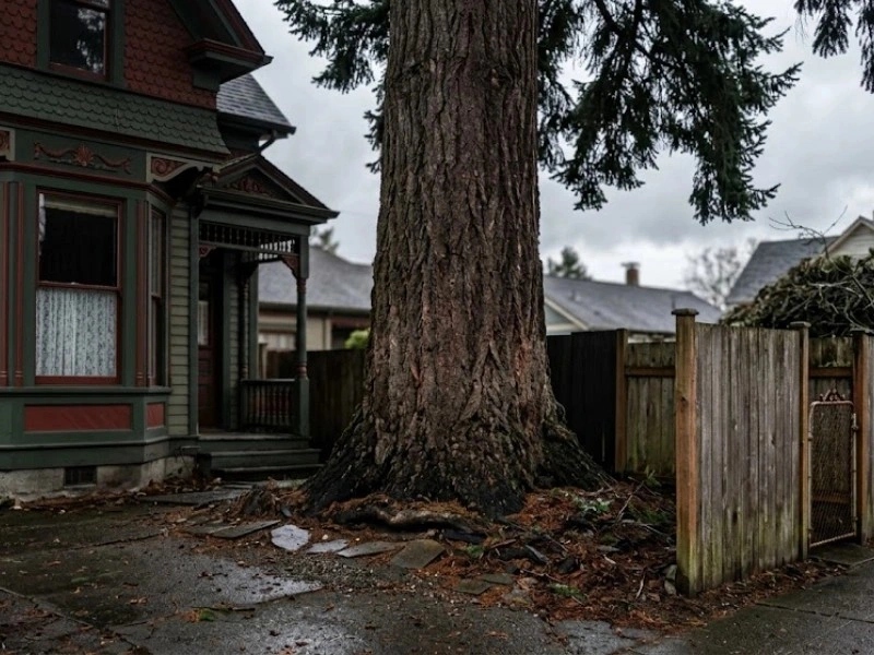 Large conifer trunk crowding a Victorian-era home — tree removal in Snohomish, WA