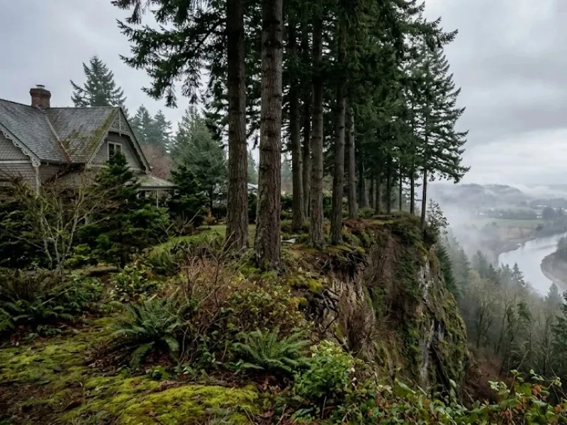 Tall conifers on a steep river bluff above the Snohomish River requiring tree removal in Snohomish, WA