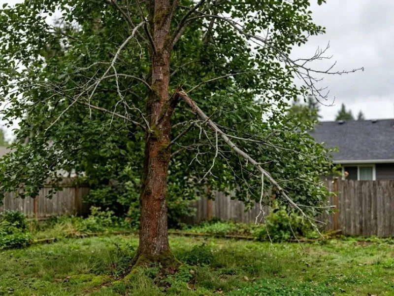 Residential deciduous tree with dead overhanging branches needing tree trimming in Snohomish, WA Residential deciduous tree with dead overhanging branches needing tree trimming in Snohomish, WA