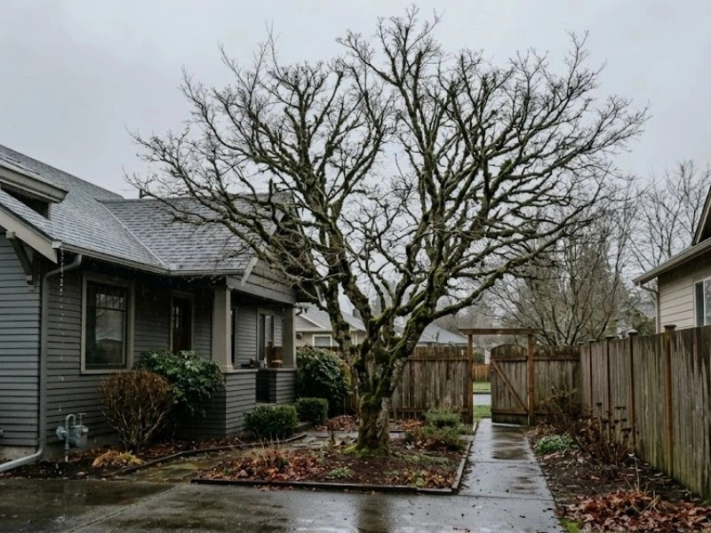 Dormant deciduous tree beside a home during peak tree pruning season in Snohomish, WA Dormant deciduous tree beside a home during peak tree pruning season in Snohomish, WA