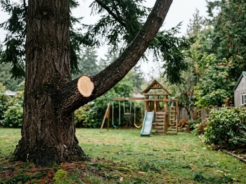 Freshly pruned conifer branch over a residential play area — tree pruning in Snohomish, WA Freshly pruned conifer branch over a residential play area — tree pruning in Snohomish, WA