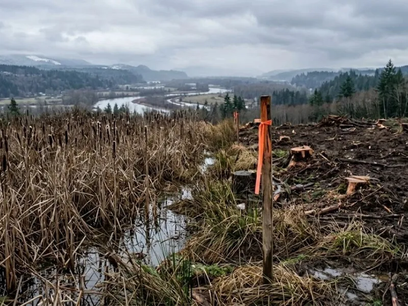 Orange wetland boundary markers on a cleared river bluff during land clearing in Snohomish, WA Orange wetland boundary markers on a cleared river bluff during land clearing in Snohomish, WA