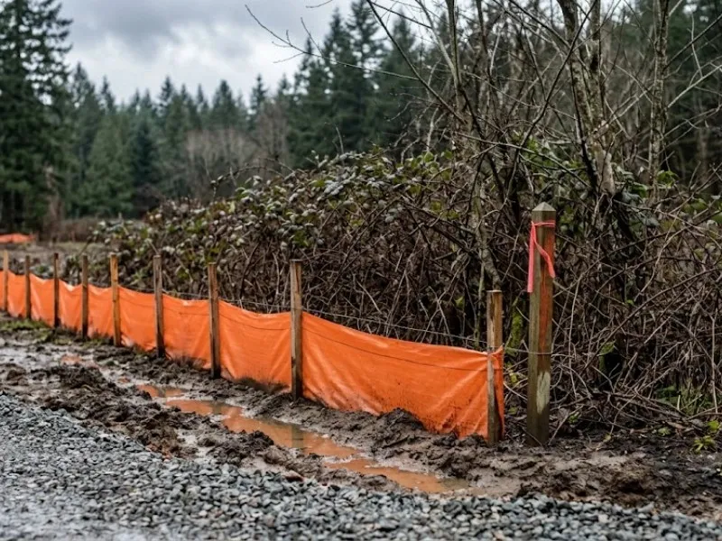 Orange silt fence erosion control barrier along a muddy land clearing site in Snohomish, WA Orange silt fence erosion control barrier along a muddy land clearing site in Snohomish, WA