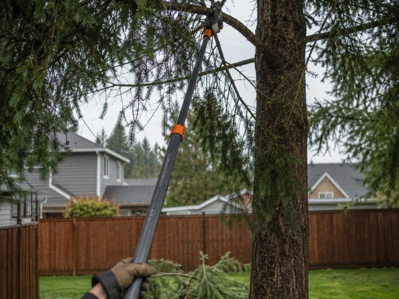 Pole saw trimming a conifer in a residential backyard — tree trimming and pruning in Duvall, WA