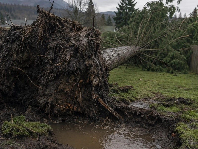 Large conifer uprooted in saturated alluvial soil — storm tree removal in Monroe, WA
