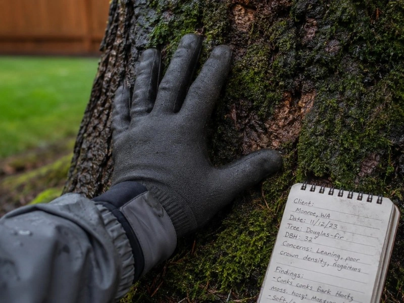 Arborist inspecting a mossy Douglas fir trunk with field assessment notes — tree pruning in Monroe, WA