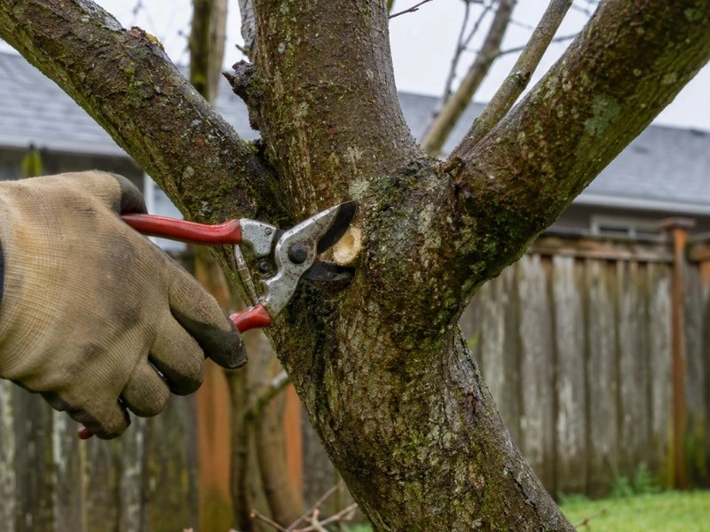 Hand pruners making a collar cut on a mossy fruit tree — tree pruning in Monroe, WA