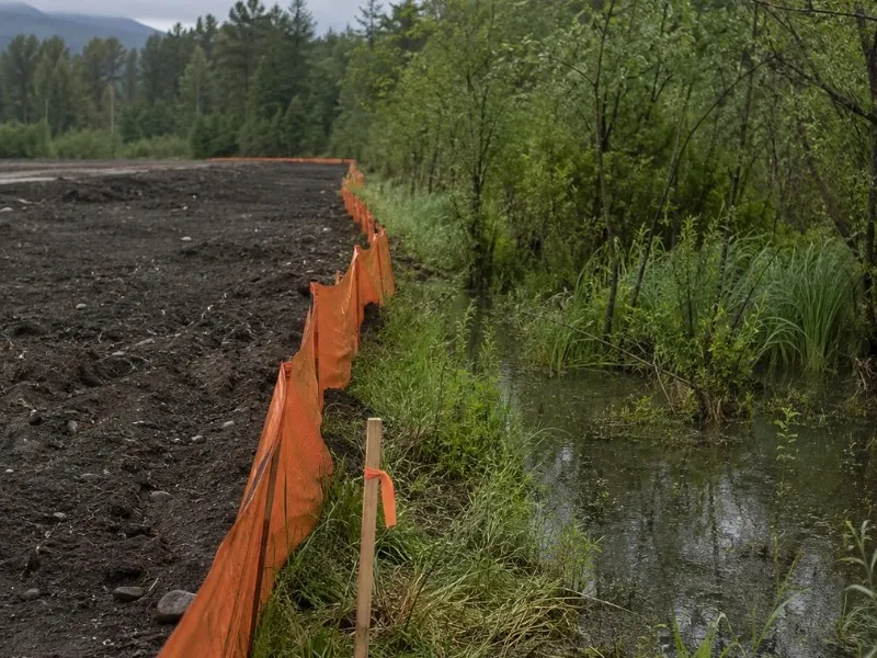 Orange silt fence separating a cleared site from a Skykomish tributary — land clearing in Monroe, WA