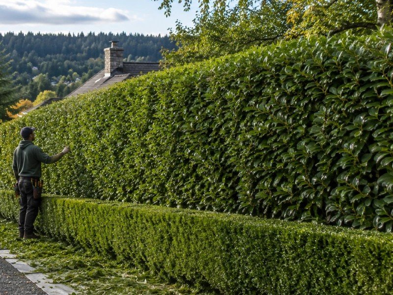 Crew member assessing an overgrown English laurel privacy hedge — hedge trimming in Snohomish, WA Crew member assessing an overgrown English laurel privacy hedge — hedge trimming in Snohomish, WA