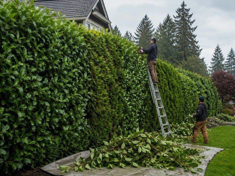 trimming a tall English laurel hedge from a ladder with clippings on a tarp — hedge trimming in Snohomish, WA trimming a tall English laurel hedge from a ladder with clippings on a tarp — hedge trimming in Snohomish, WA