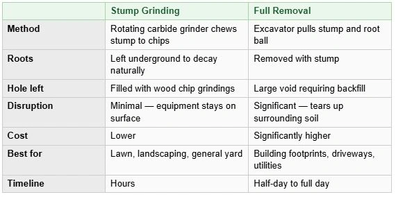 Stump grinding vs. full removal comparison table for stump grinding in Snohomish, WA Stump grinding vs. full removal comparison table for stump grinding in Snohomish, WA