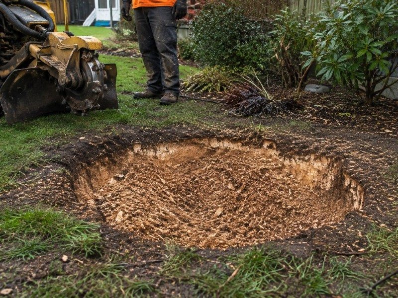 Below-grade void left after stump grinding in a residential lawn in Snohomish, WA Below-grade void left after stump grinding in a residential lawn in Snohomish, WA