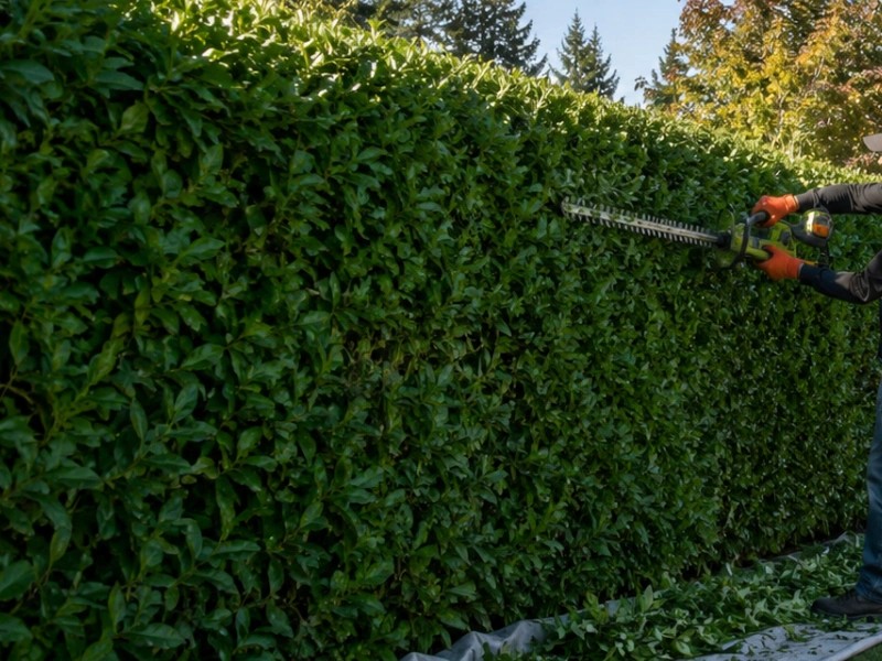 Power hedge trimmer shaping an English laurel privacy wall — hedge trimming in Monroe, WA