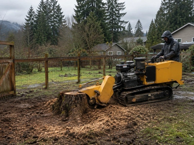 Stump grinder working a large conifer stump with Cascade foothills visible — stump grinding in Monroe, WA Stump grinder working a large conifer stump with Cascade foothills visible — stump grinding in Monroe, WA