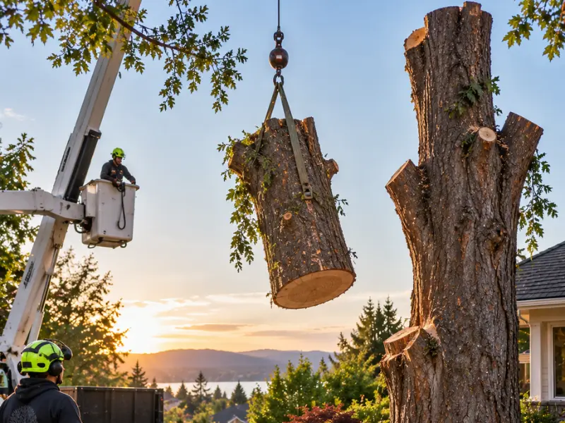 Crane lifting cut tree trunk section during removal job at sunset, bucket truck operator overseeing. Crane lifting cut tree trunk section during removal job at sunset, bucket truck operator overseeing.