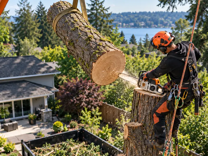 Tree removal expert cutting trunk section with chainsaw, suspended by crane above lakeside property. Tree removal expert cutting trunk section with chainsaw, suspended by crane above lakeside property.