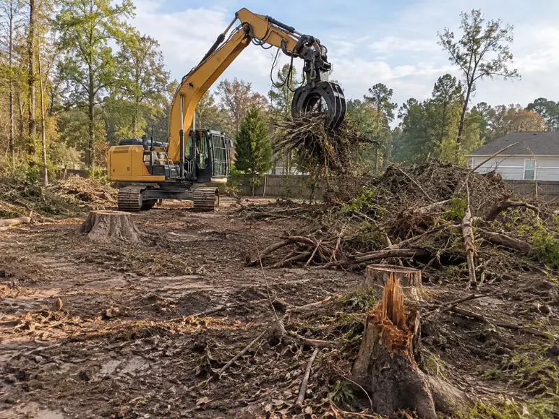 Compact track dozer clearing stumps and debris to prepare a wooded lot for construction. Compact track dozer clearing stumps and debris to prepare a wooded lot for construction.
