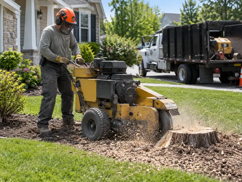 Tree service technician in a hard hat operating a stump grinder to remove a tree stump in a residential front yard.