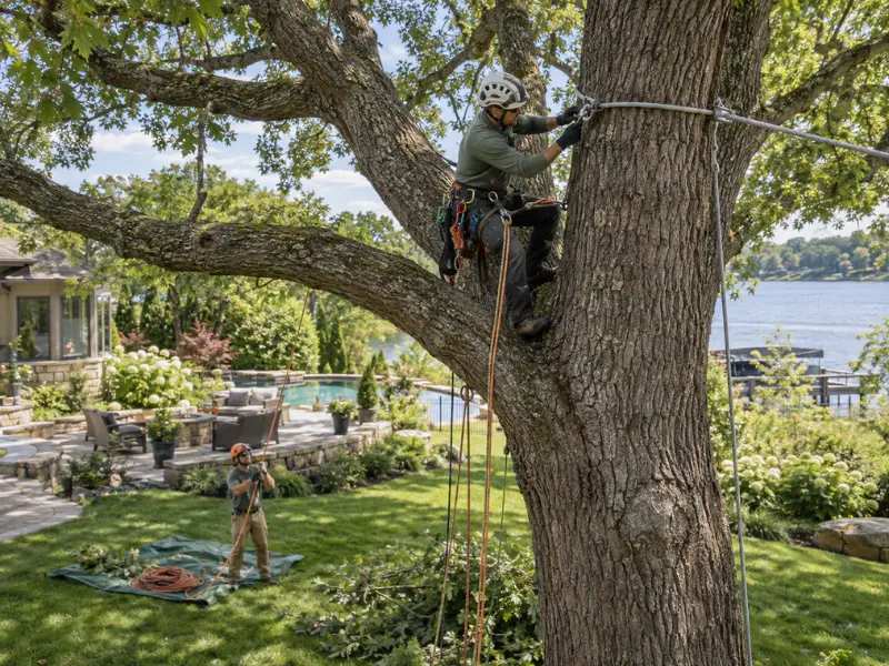 Tree service arborist climbing and pruning a large oak tree with safety ropes, with a groundworker assisting below near a backyard pool and lake.