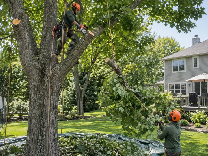 Arborist secured in a tree with climbing gear using a chainsaw to trim branches while a ground crew member guides a lowering rope. Arborist secured in a tree with climbing gear using a chainsaw to trim branches while a ground crew member guides a lowering rope.