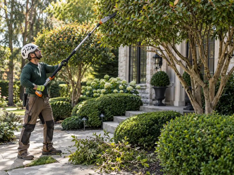 Tree trimming technician using an extended pole pruner to trim tree branches near a landscaped home entryway. Tree trimming technician using an extended pole pruner to trim tree branches near a landscaped home entryway.