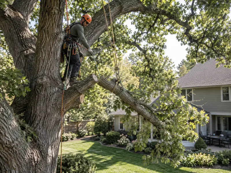 Arborist secured with climbing rope pruning a large branch high in a backyard tree. Arborist secured with climbing rope pruning a large branch high in a backyard tree.